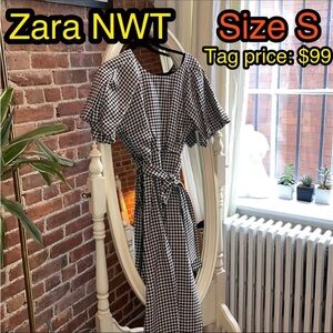 NWT Zara Women houndstooth puffed sleeve midi long dress, size S, black & white